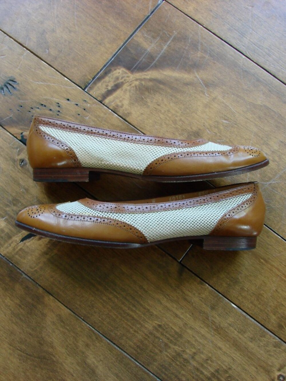 Ralph Lauren Leather Ballet Flat Brown Cream Mesh Flats Loafers Wingtip Size 6.5 - Picture 5 of 15